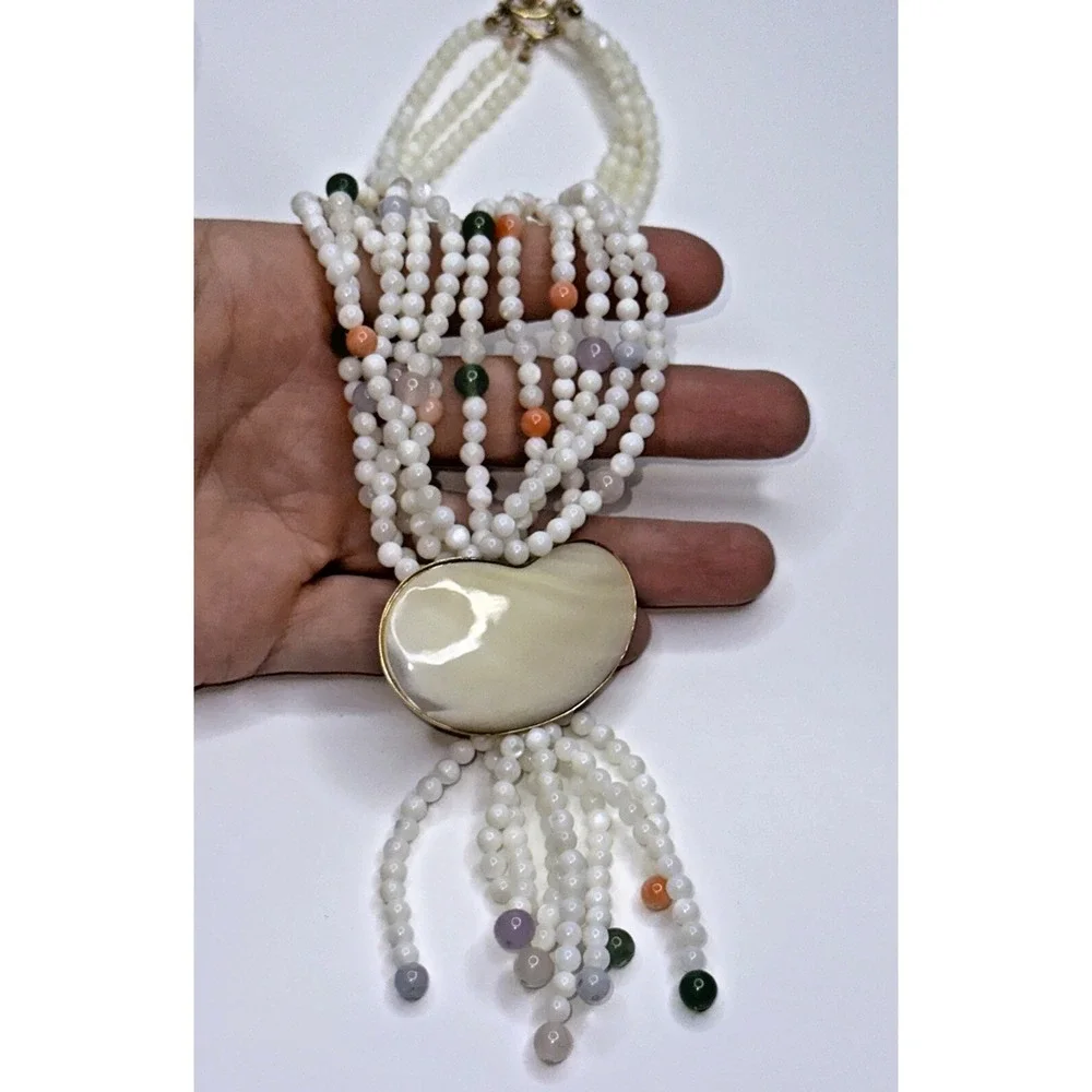 Quartz‎ Jade Shell Necklace Purple Green Beaded Multi strand Pendant Tassel